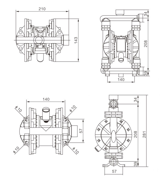 1/2 inch Air Operated Diaphragm Pump-5 GPM Dimension Drawing