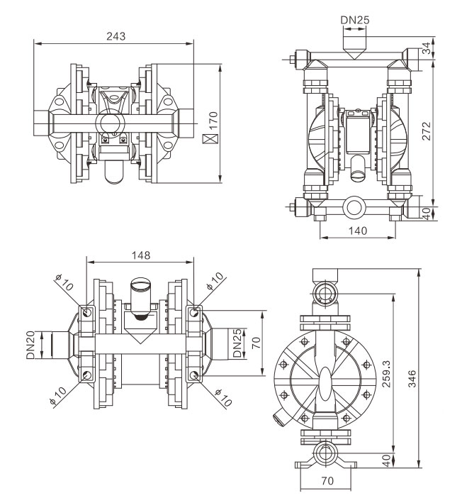 1 inch Air Operated Diaphragm Pump 15 GPM Dimension Drawing