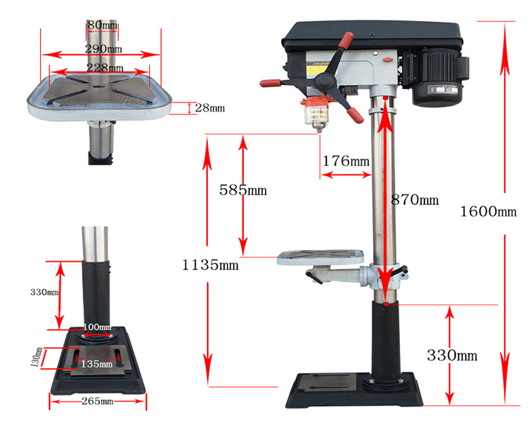 Dimension Drawing of 25mm 1200W Bench Drill Machine