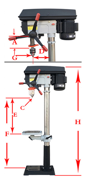 1200W 25mm Bench Drill Machine with Laser Specification Diagram
