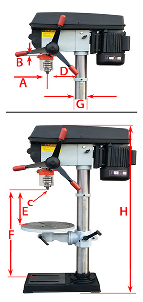 16mm 1000W Drill Press with Laser Specification Diagram