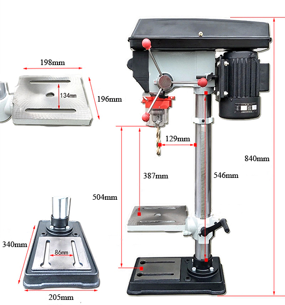 Dimension Drawing of 550W 16mm Bench Drill Press