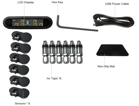 6-tire TPMS with Built-in Black Sensors Packing List