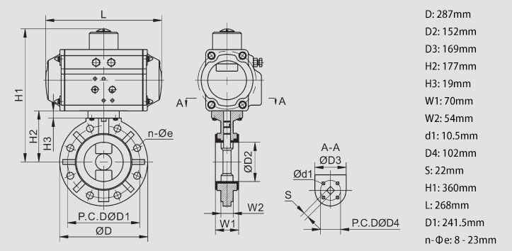 Body Dimension of 6 inch Pneumatic Actuated PVC Butterfly Valve