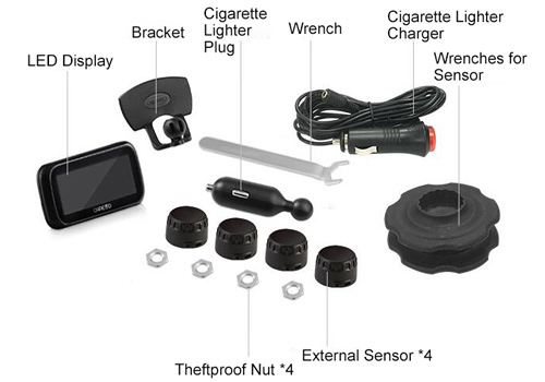 Car TPMS monitor with mini black external tire sensors packing list