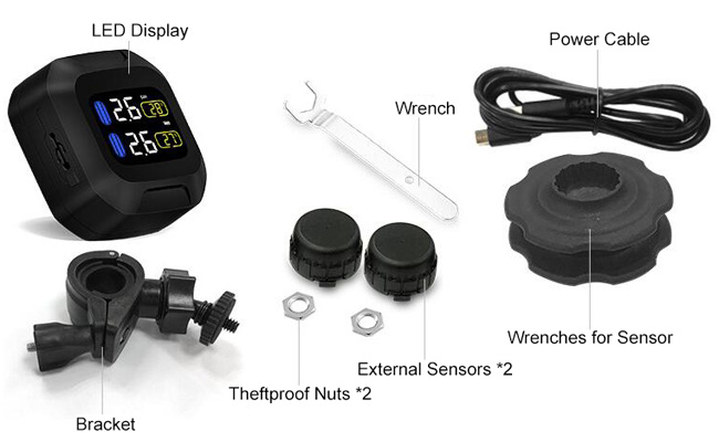 Motorcycle TPMS with 2 black external tire sensors packing list