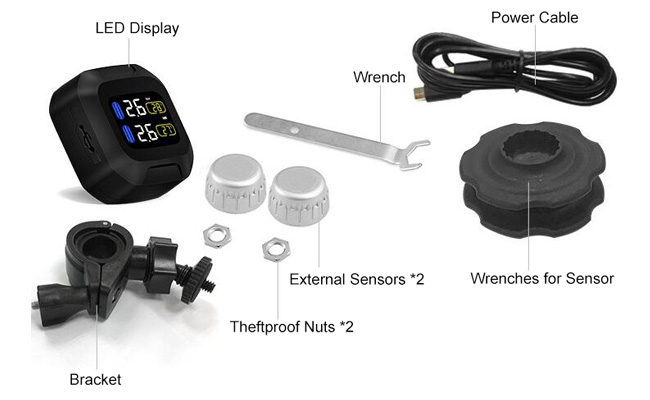 Motorcycle TPMS with 2 silver external tire sensors packing list