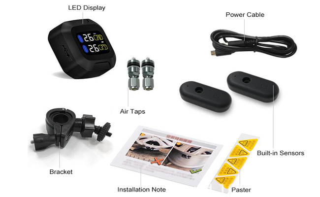 Motorcycle TPMS with 2 built-in tire sensors packing list
