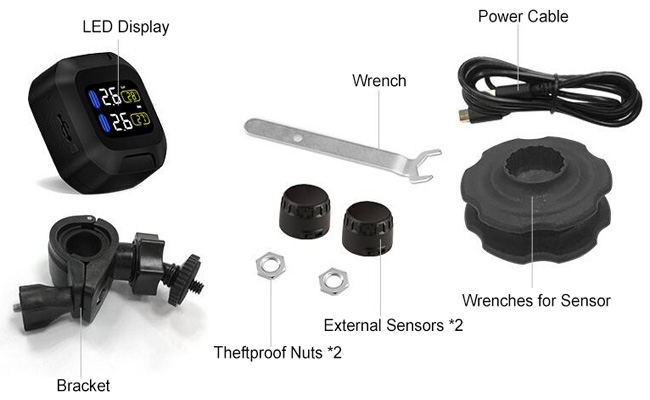 Motorcycle TPMS with Mini Black External Sensors Packing List
