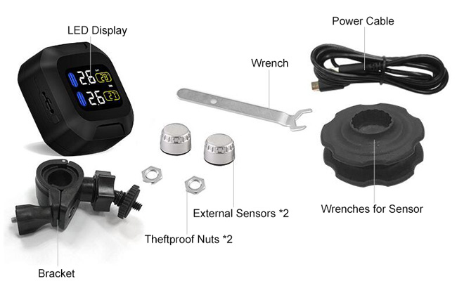 Motorcycle TPMS with mini silver external sensors packing list