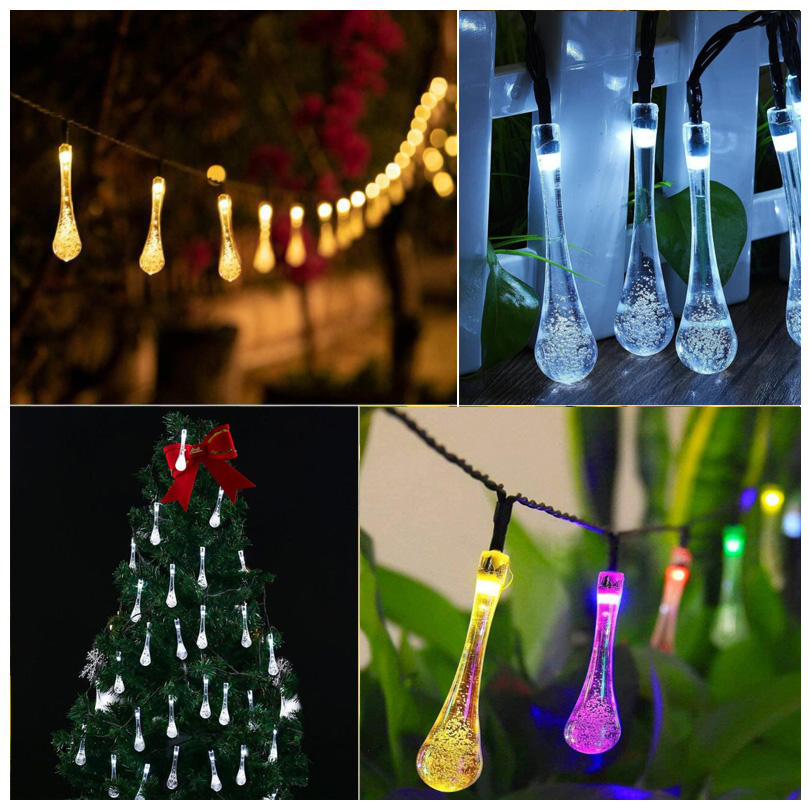 30 LED Outdoor Solar Powered Water Drop String Lights