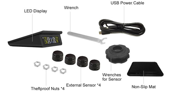 Solar power TPMS with mini black external tire sensors packing list
