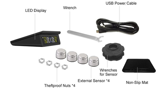 Solar power TPMS with mini silver external tire sensors packing list