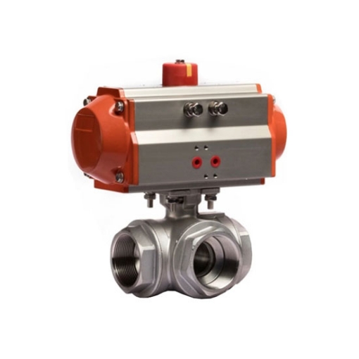 1" Pneumatic Actuated Ball Valve, 3 Way, Stainless Steel