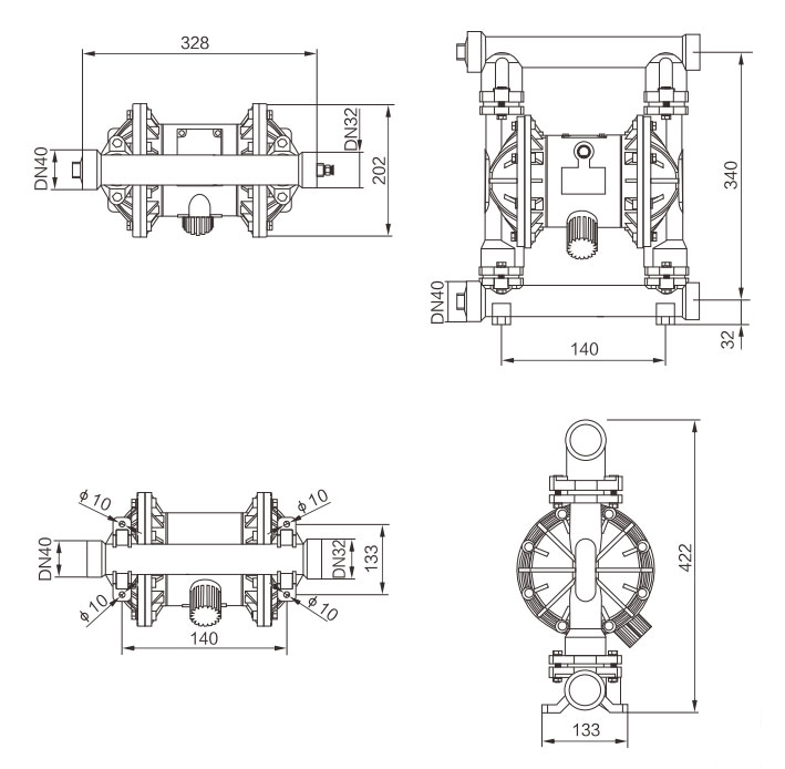 1-1/2 inch Air Operated Double Diaphragm Pump 40 GPM Dimension Drawing