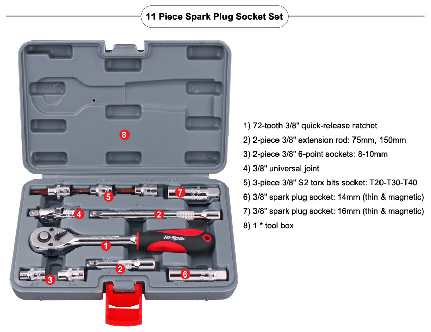 11-piece 3/8 inch spark plug socket set details