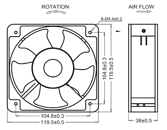 120mmx 120mmx 38mm ac axial fan dimension