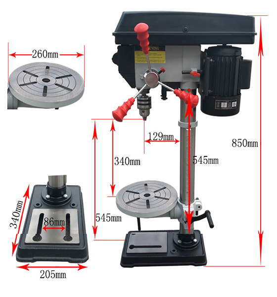 Dimension Drawing of 1 hp 16mm Bench Drill Press