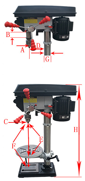 1 hp 16mm Bench Drill Press Specification Diagram