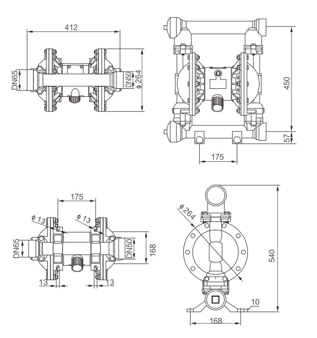 2 inch Stainless Steel Air Operated Diaphragm Pump 100 GPM Dimension Drawing