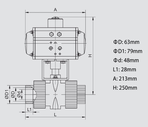 2 Way 2 inch Pneumatic Actuated PVC Ball aVlve Body Dimension