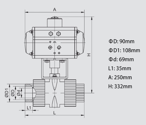 2 Way 3 inch Pneumatic Actuated PVC Ball Valve Body Dimension