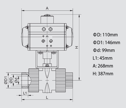 2 Way 4 inch Pneumatic Actuated PVC Ball Valve Body Dimension