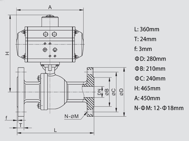2 Way 6 inch Pneumatic Actuated Flanged Type Ball Valve Body Dimensions