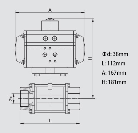 2 Way Pneumatic Actuated Stainless Steel Ball Valve Body Dimension