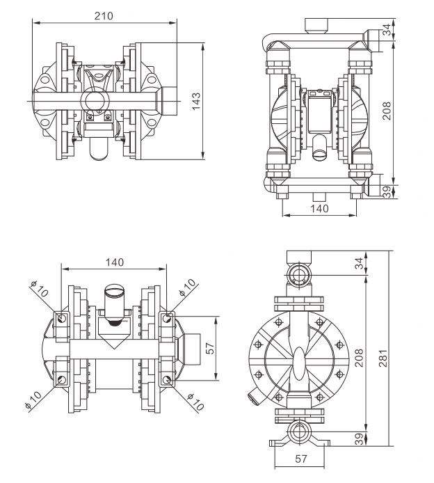 3/8 inch Air Operated Diaphragm Pump 5 GPM Dimension Drawing