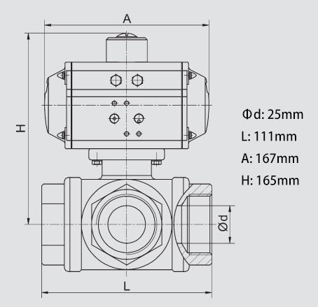 3 Way 1 inch Pneumatic Actuated Stainless Steel Ball Valve Body Dimension