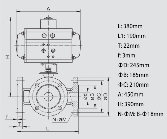 3 Way 5 inch Pneumatic Actuated Flanged Type Ball Valve Body Dimension