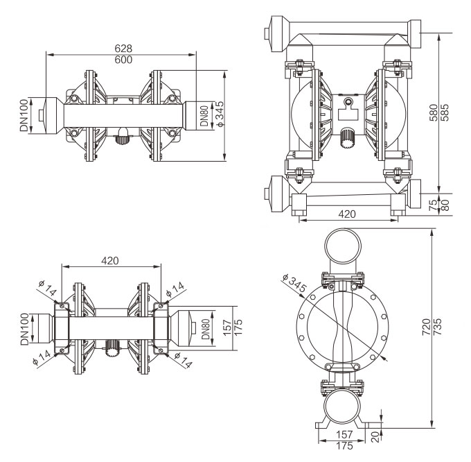 4 inch Air Operated Double Diaphragm Pump 150 GPM Stainless Steel Dimension Drawing