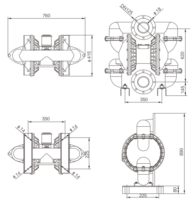 5 inch Air Operated Double Diaphragm Pump 275 GPM Dimension Drawing