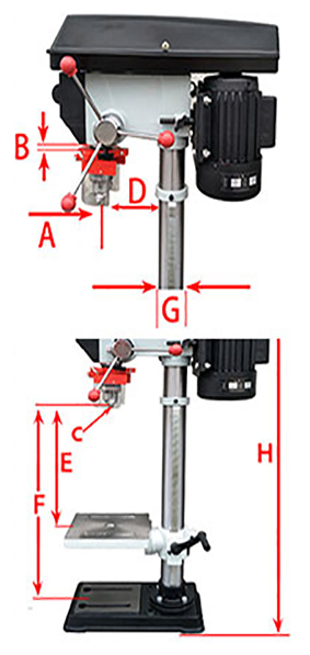 550W 16mm Bench Drill Press Specification Diagram