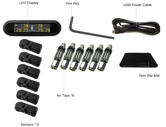 6-tireRV TPMS with Built-in Black Sensors Packing List