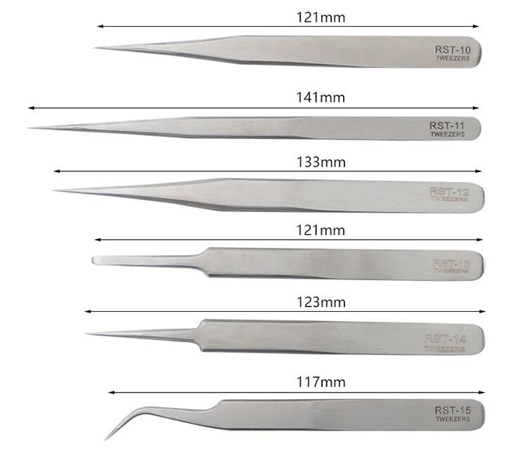 6pcs Stainless Steel Precision Tweezers Sizes