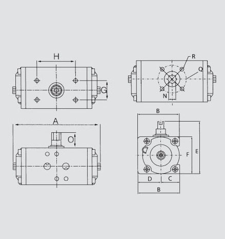 Actuator Dimension of 3 Way Pneumatic Actuated Stainless Steel Ball Valve