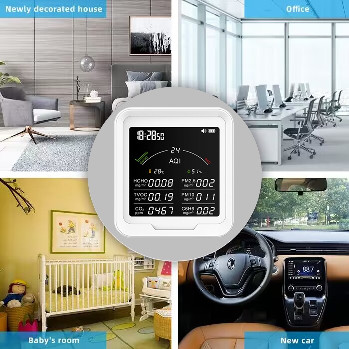 LifeBasis Air Quality Monitor Indoor, 11-in-1 Air Quality Detector With Stand, Real-Time Air Meter Test AQI, PM1.0, PM2.5, PM10, CO2, TVOC, HCHO, Particles, Temperature And Humidity With Alert -White