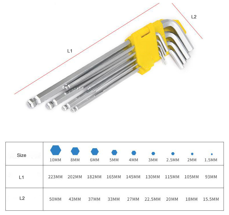 Ball End Long Arm Allen Key Set Sizes