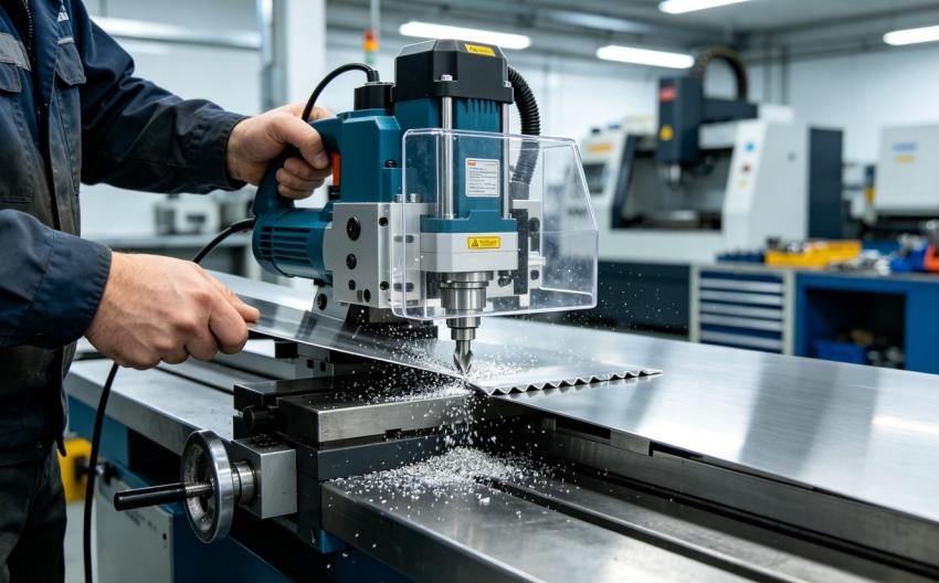 Worker Operating a Chamfering Machine on Metal Sheet
