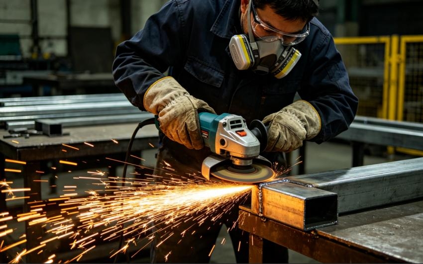 Worker Operating a Angle Grinder on Metal Sheet