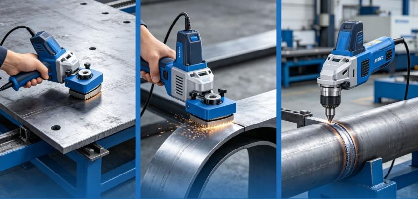 Worker Uses Portable Chamfering Machines on Metal Plates and Pipes