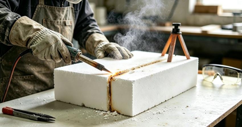 Worker Uses Hot Knife Foam Cutter to Cut Styrofoam