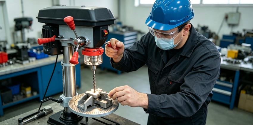 Worker using bench drill press
