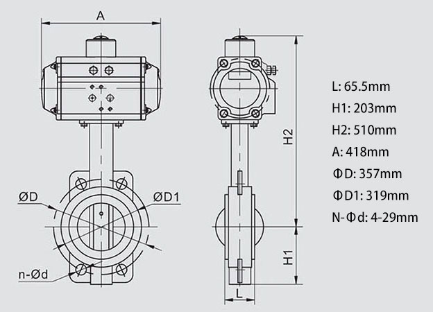 Body Dimension of 10 inch Pneumatic Actuated Wafer Type Butterfly Valve