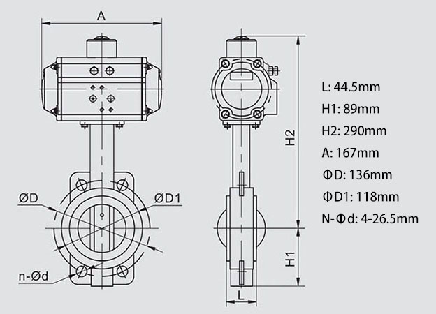 Body Dimension of 2-1/2 inch Pneumatic Actuated Wafer Type Butterfly Valve