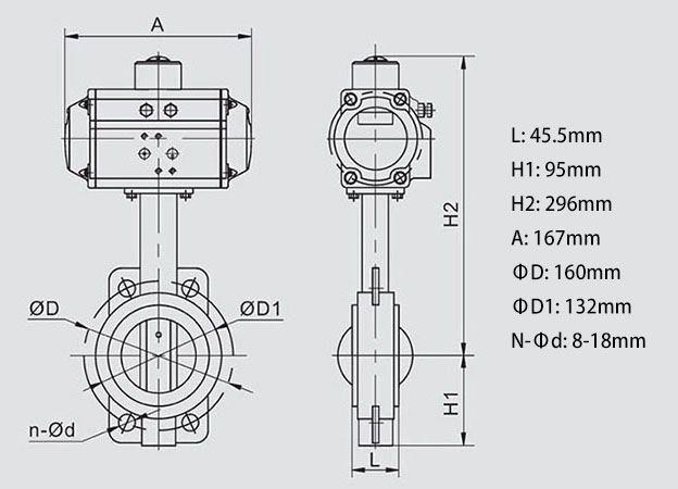 Body Dimension of 3 inch Pneumatic Actuated Wafer Type Butterfly Walve