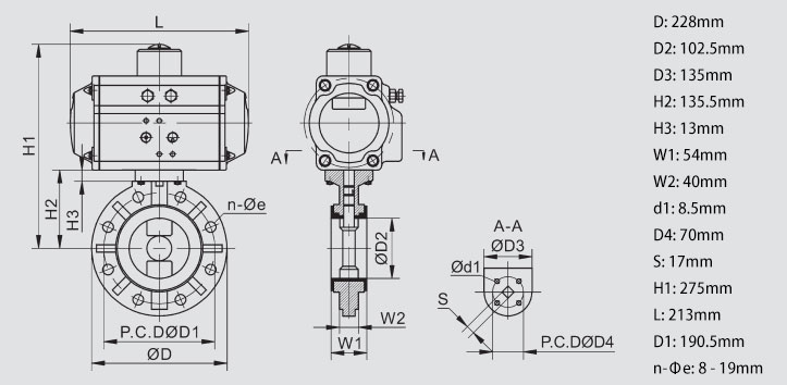 Body Dimension of 4 inch Pneumatic Actuated PVC Butterfly Valve