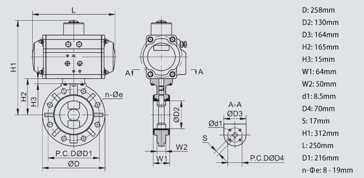 Body Dimension of 5 inch Pneumatic Actuated PVC Butterfly Valve
